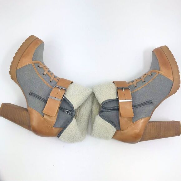 Naughty Monkey HIGHTRAIL Brown Leather Sherpa Lined Zip Up Heeled Buckle Boots - Picture 9 of 16